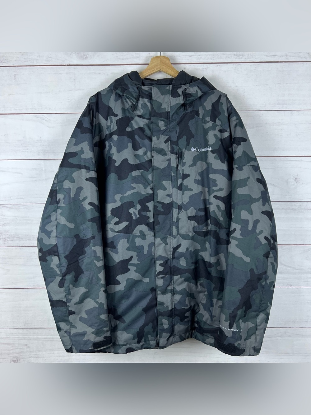 Columbia Omni-Tech Interchange 3-in-1 Ski Jacket Mens XXL Gray Camo Hooded
